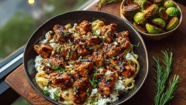 Hot Honey Balsamic Chicken Alfredo with Whipped Feta & Crispy Brussels Chips