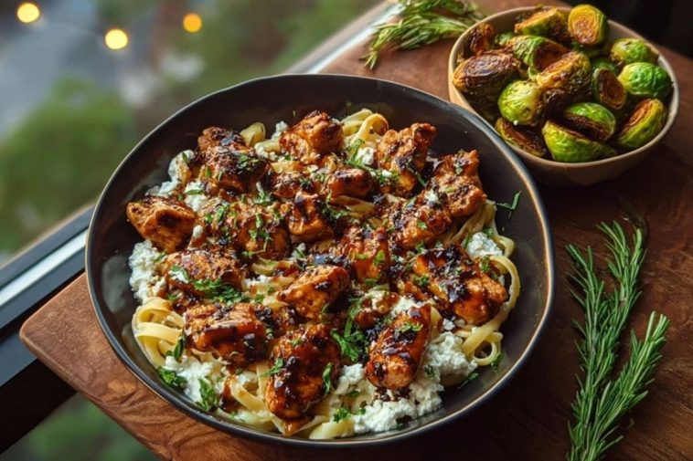 Hot Honey Balsamic Chicken Alfredo with Whipped Feta & Crispy Brussels Chips