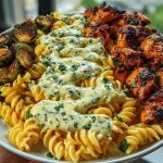 Hot Honey Cajun Chicken Alfredo with Basil Feta Swirl & Crispy Brussels Chips