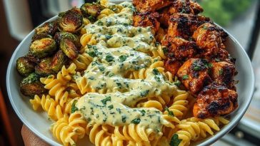 Hot Honey Cajun Chicken Alfredo with Basil Feta Swirl & Crispy Brussels Chips