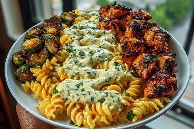 Hot Honey Cajun Chicken Alfredo with Basil Feta Swirl & Crispy Brussels Chips