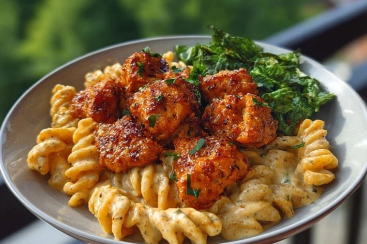 Hot Honey Garlic Chicken Bites & Cajun Alfredo with Crispy Broccoli Twists