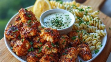 Lemon Cajun Chicken Bites with Creamy Garlic Herb Alfredo Twists