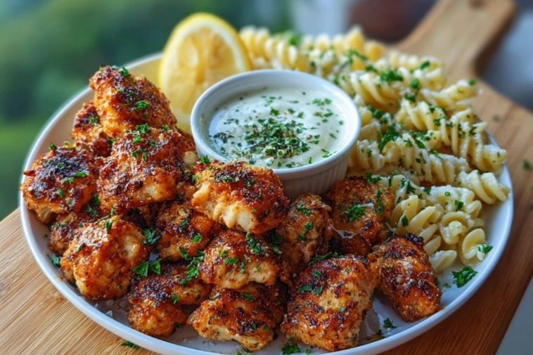 Lemon Cajun Chicken Bites with Creamy Garlic Herb Alfredo Twists