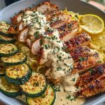 Lemon Dill Chicken Alfredo with Roasted Red Pepper Whipped Feta & Crispy Parmesan Zucchini