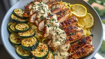 Lemon Dill Chicken Alfredo with Roasted Red Pepper Whipped Feta & Crispy Parmesan Zucchini