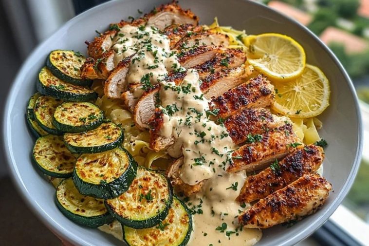 Lemon Dill Chicken Alfredo with Roasted Red Pepper Whipped Feta & Crispy Parmesan Zucchini