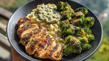 Pesto Chicken Alfredo with Spicy Feta Cream & Parmesan Broccoli Crunch