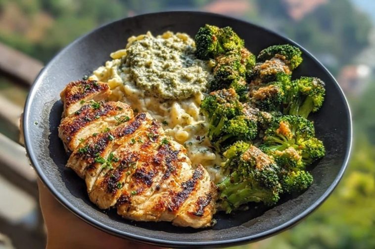 Pesto Chicken Alfredo with Spicy Feta Cream & Parmesan Broccoli Crunch