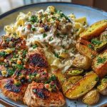 Smoked Paprika Chicken Alfredo with Feta-Tahini Cream & Crispy Brussels-Potato Combo Wedges