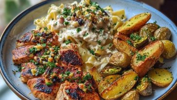 Smoked Paprika Chicken Alfredo with Feta-Tahini Cream & Crispy Brussels-Potato Combo Wedges