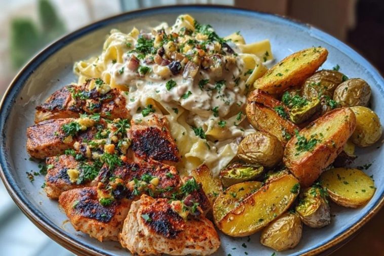Smoked Paprika Chicken Alfredo with Feta-Tahini Cream & Crispy Brussels-Potato Combo Wedges