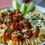 Spicy Buffalo Garlic Chicken Bites Recipe with Creamy Ranch Cajun Alfredo Pasta