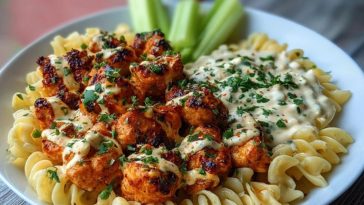 Spicy Buffalo Garlic Chicken Bites Recipe with Creamy Ranch Cajun Alfredo Pasta