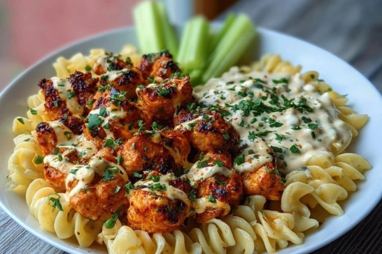 Spicy Buffalo Garlic Chicken Bites Recipe with Creamy Ranch Cajun Alfredo Pasta