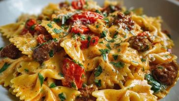 Spicy Cajun Bowtie Pasta with Beef, Sausage & Creamy Garlic Sauce