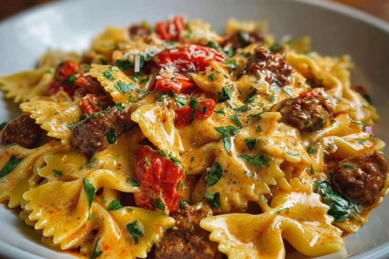 Spicy Cajun Bowtie Pasta with Beef, Sausage & Creamy Garlic Sauce