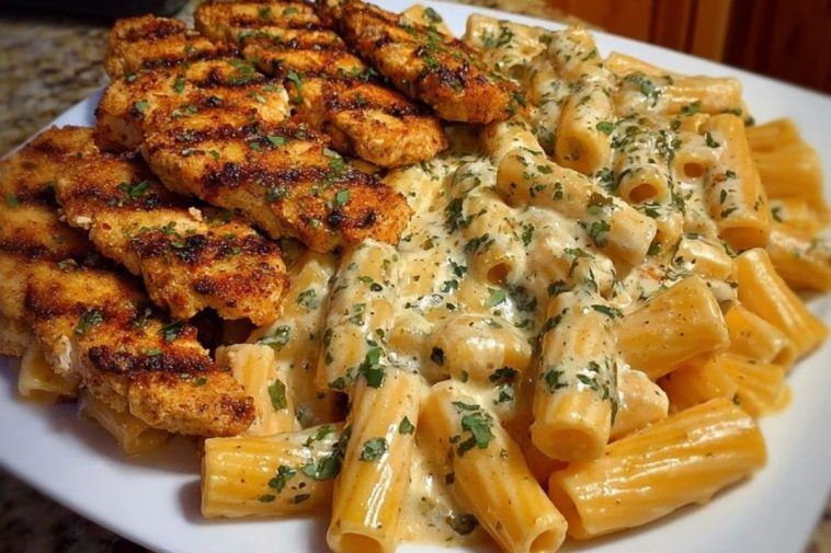 Spicy Cajun Chicken Rigatoni in Creamy Mozzarella Alfredo