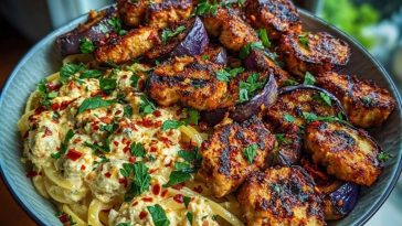Spicy Whipped Feta Chicken Alfredo with Crispy Eggplant Wedges & Chili Oil Drizzle