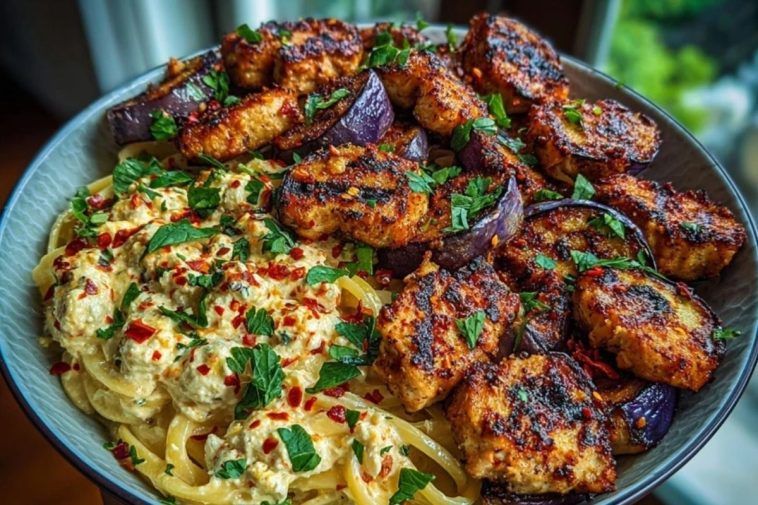 Spicy Whipped Feta Chicken Alfredo with Crispy Eggplant Wedges & Chili Oil Drizzle
