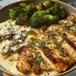 Spinach-Artichoke Greek Chicken Alfredo & Crispy Parmesan Broccoli with Mushroom Basil Cream