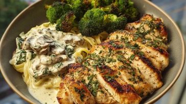 Spinach-Artichoke Greek Chicken Alfredo & Crispy Parmesan Broccoli with Mushroom Basil Cream