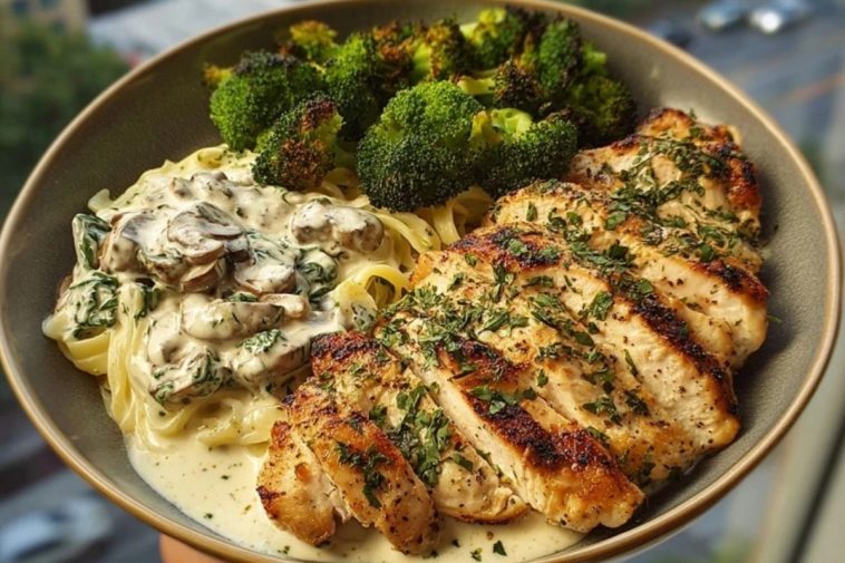 Spinach-Artichoke Greek Chicken Alfredo & Crispy Parmesan Broccoli with Mushroom Basil Cream