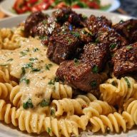 Steak Bites in Garlic Parmesan Sauce over Rotini