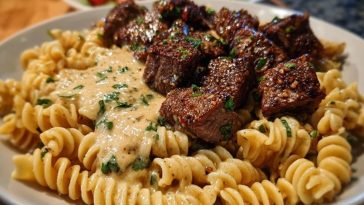 Steak Bites in Garlic Parmesan Sauce over Rotini