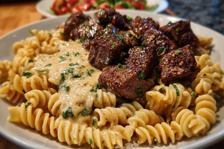 Steak Bites in Garlic Parmesan Sauce over Rotini
