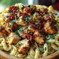 Tuscan Garlic Chicken Bites & Sun-Dried Tomato Cajun Alfredo Pasta
