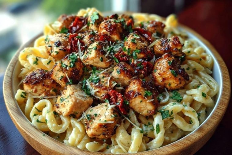 Tuscan Garlic Chicken Bites & Sun-Dried Tomato Cajun Alfredo Pasta