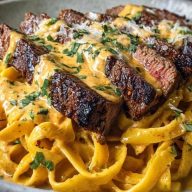 Velveeta Steak Fettuccine with Garlic Butter Cream Sauce