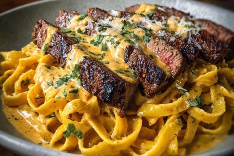 Velveeta Steak Fettuccine with Garlic Butter Cream Sauce
