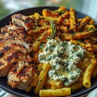 Zesty Greek Chicken Pasta with Spicy Harissa Feta Cream & Roasted Asparagus Crisps
