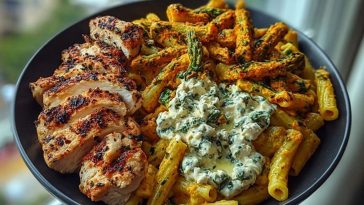 Zesty Greek Chicken Pasta with Spicy Harissa Feta Cream & Roasted Asparagus Crisps