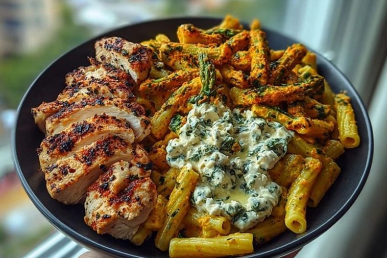 Zesty Greek Chicken Pasta with Spicy Harissa Feta Cream & Roasted Asparagus Crisps