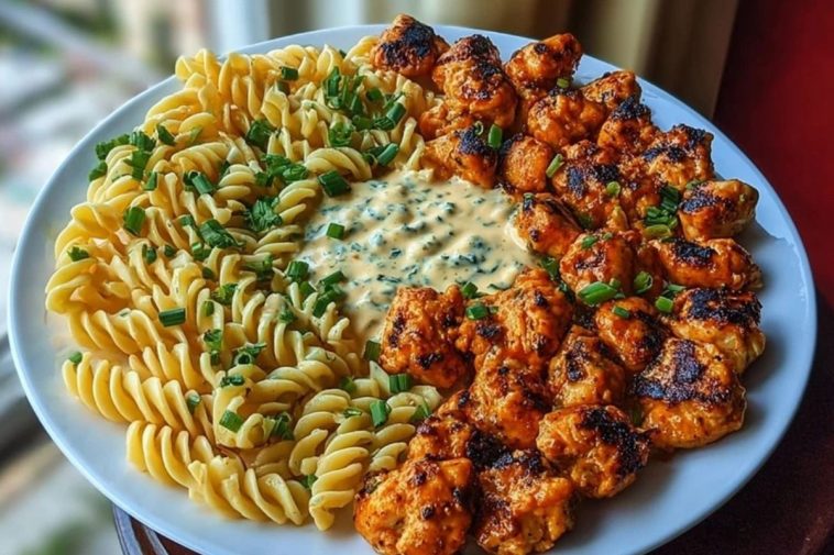 Buffalo Garlic Chicken Bites with Creamy Ranch Cajun Alfredo Twisted Pasta
