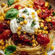 Burrata Pasta with Roasted Tomatoes, Fresh Basil & Sweet Corn