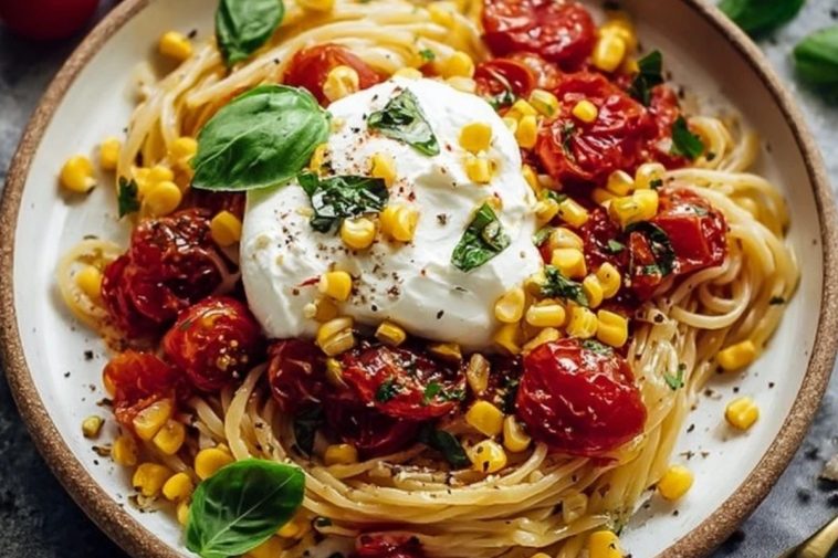 Burrata Pasta with Roasted Tomatoes, Fresh Basil & Sweet Corn