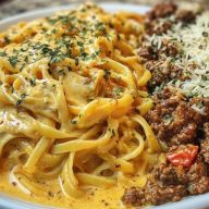 Cajun Beef Linguine in Creamy Velveeta Parmesan Garlic Sauce