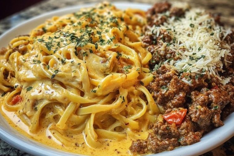 Cajun Beef Linguine in Creamy Velveeta Parmesan Garlic Sauce