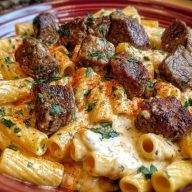 Cajun Garlic Butter Linguine with Tender Beef Strips Rigatoni