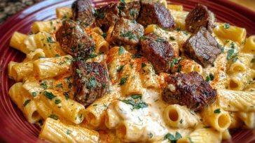 Cajun Garlic Butter Linguine with Tender Beef Strips Rigatoni