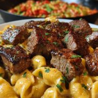 Cajun Steak Bites with Cheesy Garlic Shell Pasta Skillet