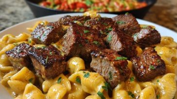 Cajun Steak Bites with Cheesy Garlic Shell Pasta Skillet