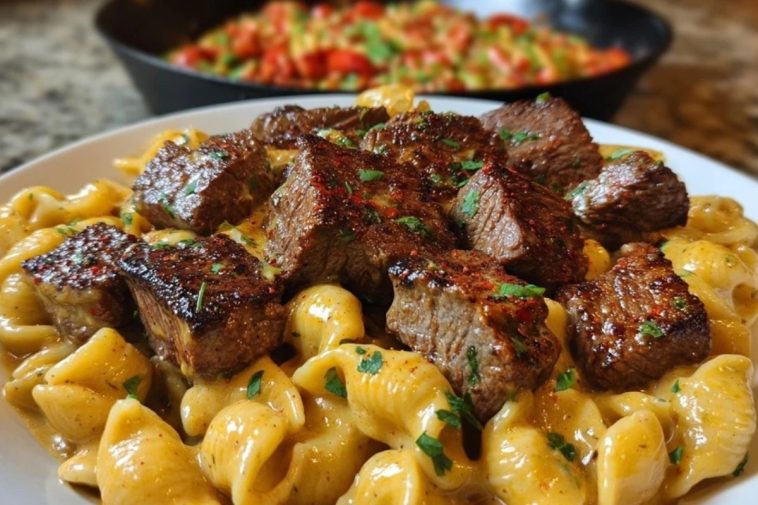 Cajun Steak Bites with Cheesy Garlic Shell Pasta Skillet