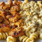 Cheesy Alfredo Twisted Pasta with Golden Garlic Butter Chicken in Creamy Sauce