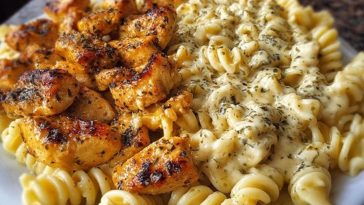 Cheesy Alfredo Twisted Pasta with Golden Garlic Butter Chicken in Creamy Sauce
