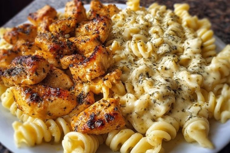 Cheesy Alfredo Twisted Pasta with Golden Garlic Butter Chicken in Creamy Sauce